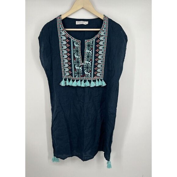 Seafolly Australia Blue Linen Embroidered Tassel Kaftan Cover Up Size Medium - Picture 1 of 6